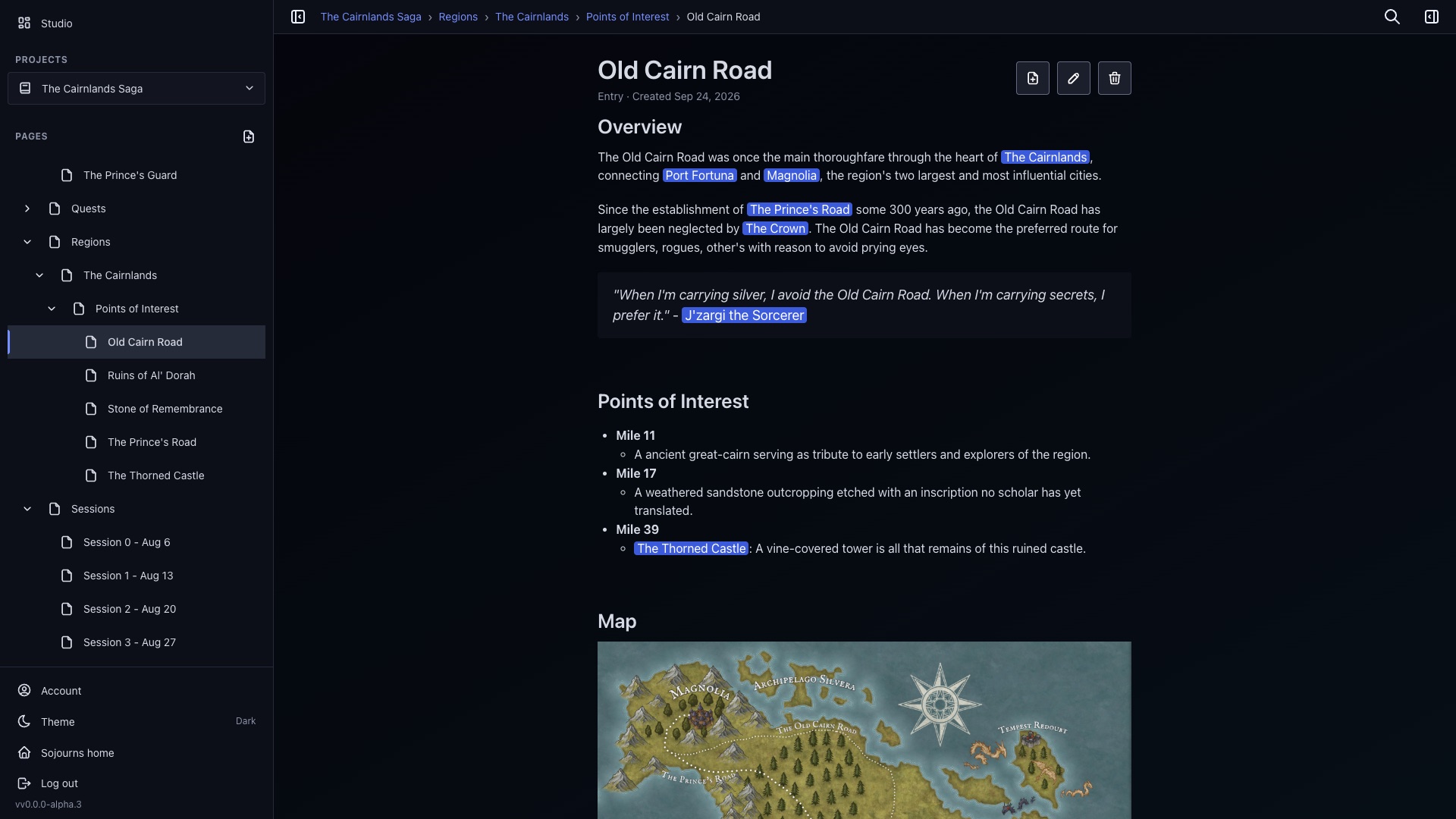 The Sojourns studio on a desktop: the page tree of a project called The Cairnlands Saga on the left, and a page called Old Cairn Road open in the editor, with links to other pages and a map.