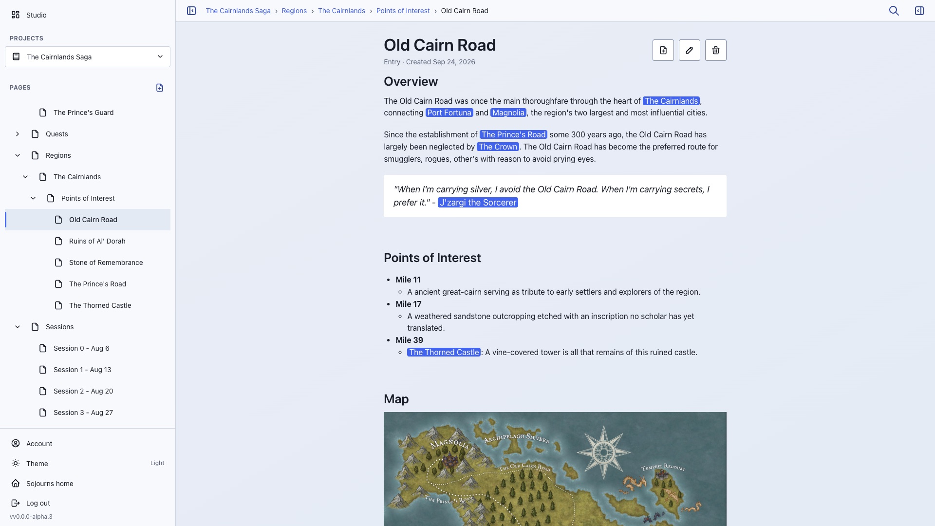 The Sojourns studio on a desktop: the page tree of a project called The Cairnlands Saga on the left, and a page called Old Cairn Road open in the editor, with links to other pages and a map.